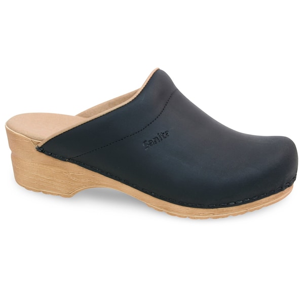 Women's Open Back Clog, Oiled Leather Upper, Polyurethane Outsole, Black, Size 10.5-11 M